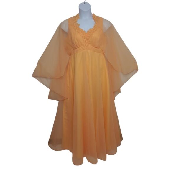 VINTAGE 70s creamsicle orange gown overlay cape‎ long maxi dress chiffon L - Picture 1 of 13